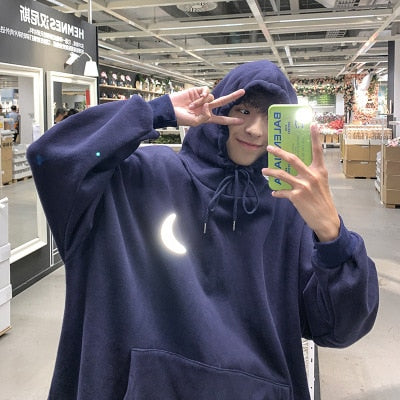 Moon Reflective print Hoodies Men's Sweatshirt Orange Autumn Winter Sweatshirts Men Streetwear Cool korean Loose Hoodies Male | Vimost Shop.