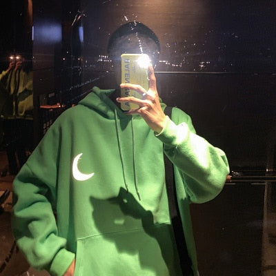 Moon Reflective print Hoodies Men's Sweatshirt Orange Autumn Winter Sweatshirts Men Streetwear Cool korean Loose Hoodies Male | Vimost Shop.