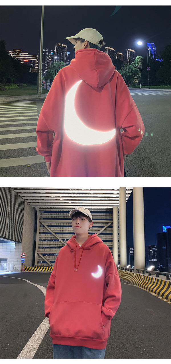 Moon Reflective print Hoodies Men's Sweatshirt Orange Autumn Winter Sweatshirts Men Streetwear Cool korean Loose Hoodies Male | Vimost Shop.