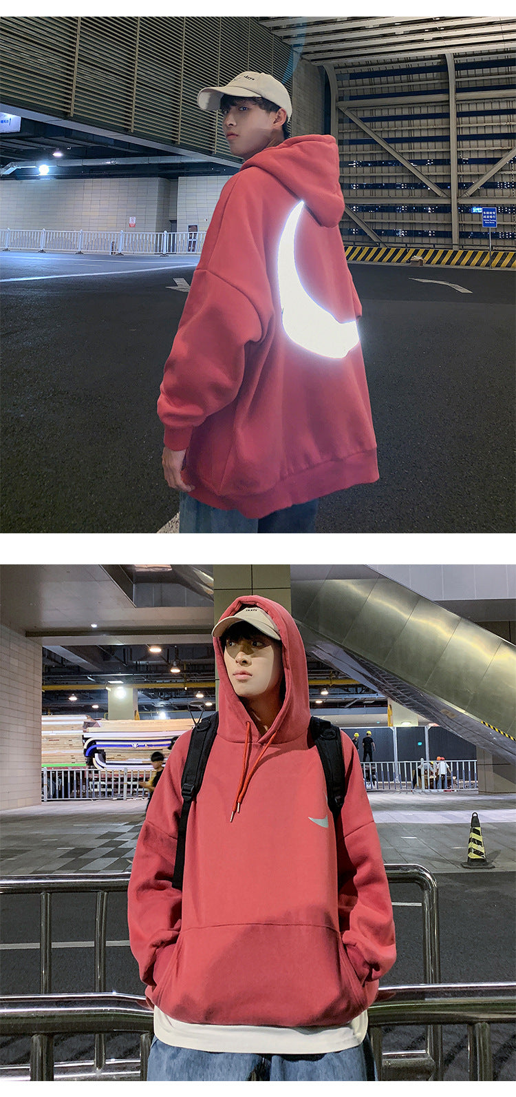 Moon Reflective print Hoodies Men's Sweatshirt Orange Autumn Winter Sweatshirts Men Streetwear Cool korean Loose Hoodies Male | Vimost Shop.