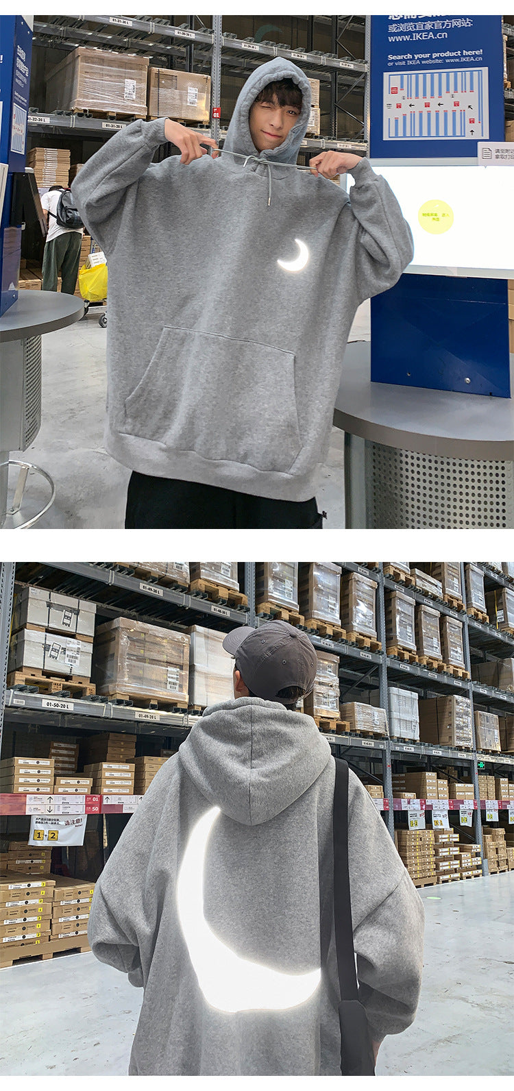 Moon Reflective print Hoodies Men's Sweatshirt Orange Autumn Winter Sweatshirts Men Streetwear Cool korean Loose Hoodies Male | Vimost Shop.