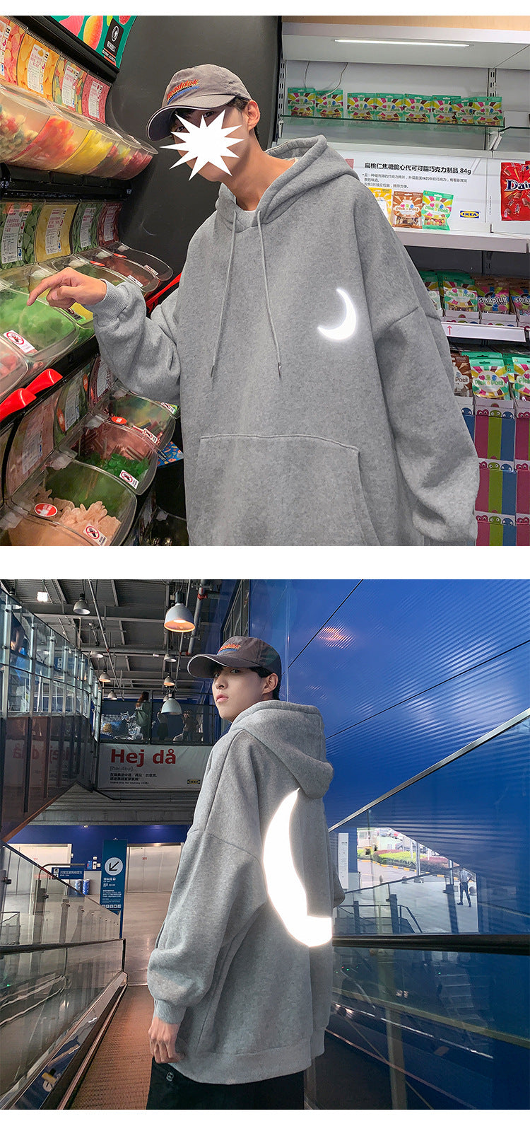 Moon Reflective print Hoodies Men's Sweatshirt Orange Autumn Winter Sweatshirts Men Streetwear Cool korean Loose Hoodies Male | Vimost Shop.