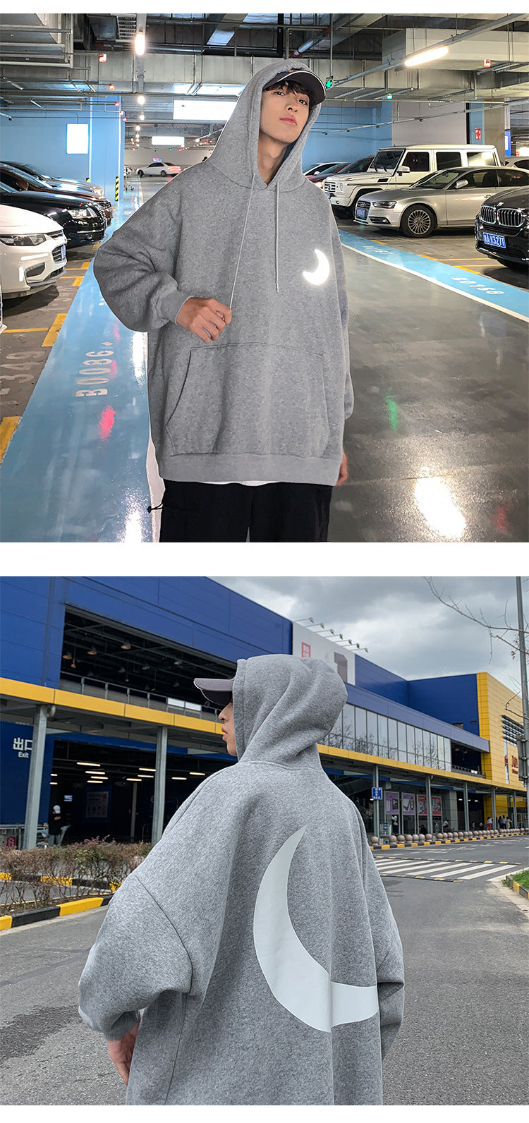 Moon Reflective print Hoodies Men's Sweatshirt Orange Autumn Winter Sweatshirts Men Streetwear Cool korean Loose Hoodies Male | Vimost Shop.