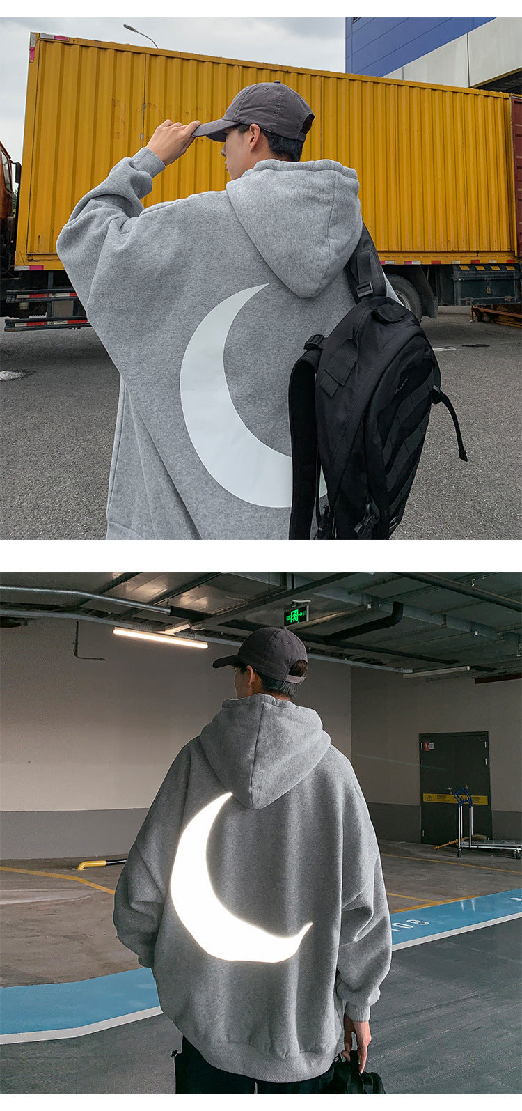 Moon Reflective print Hoodies Men's Sweatshirt Orange Autumn Winter Sweatshirts Men Streetwear Cool korean Loose Hoodies Male | Vimost Shop.