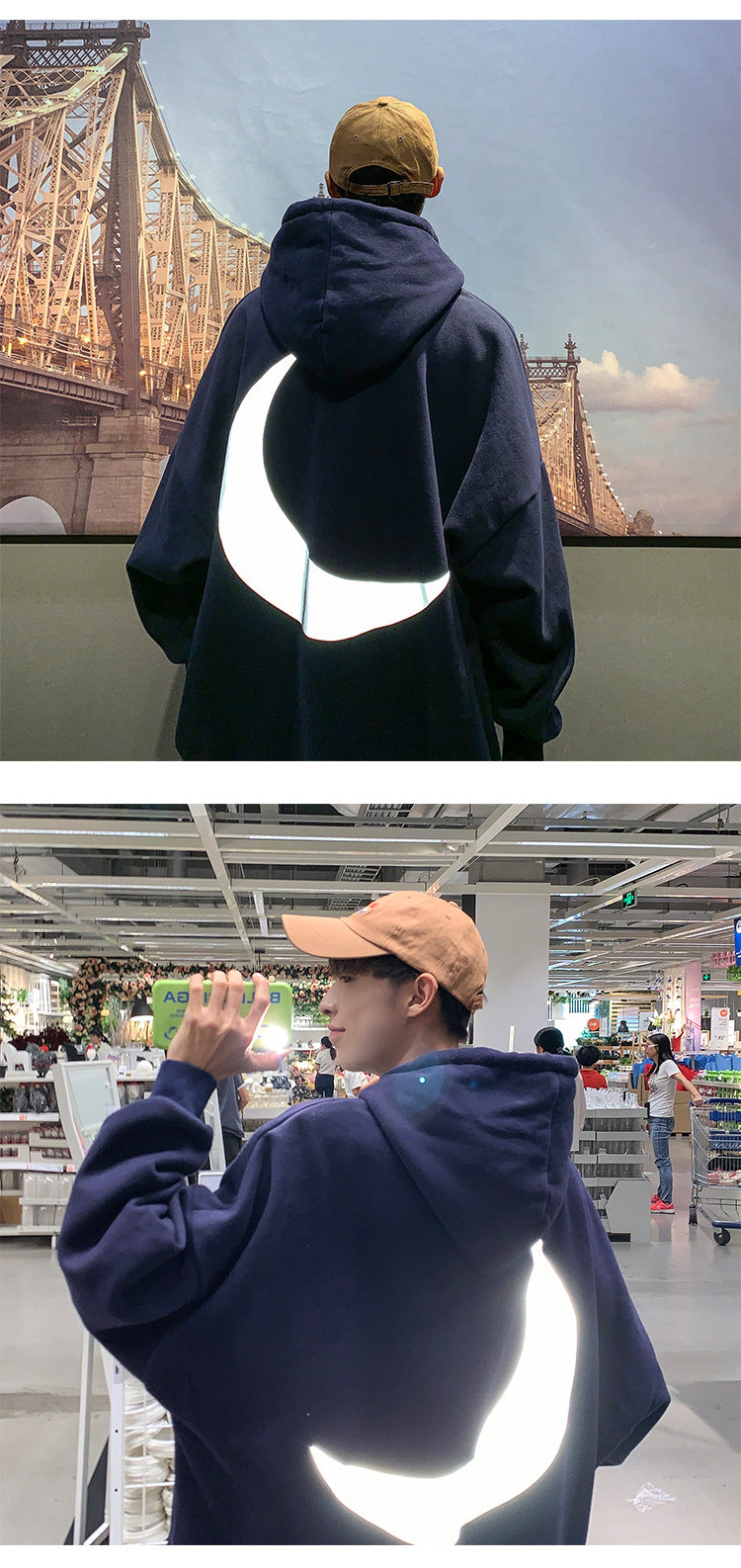 Moon Reflective print Hoodies Men's Sweatshirt Orange Autumn Winter Sweatshirts Men Streetwear Cool korean Loose Hoodies Male | Vimost Shop.