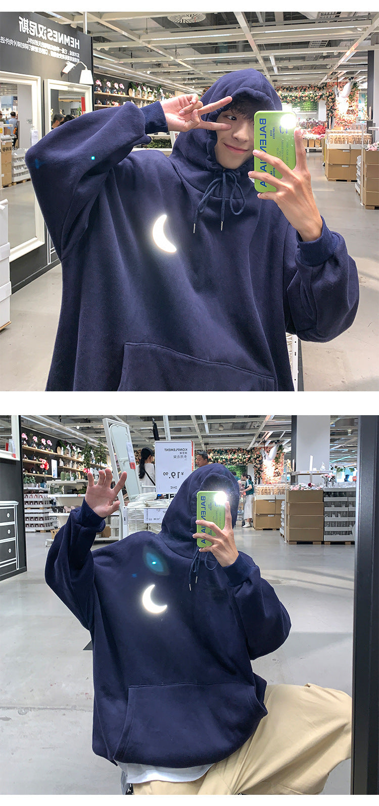 Moon Reflective print Hoodies Men's Sweatshirt Orange Autumn Winter Sweatshirts Men Streetwear Cool korean Loose Hoodies Male | Vimost Shop.