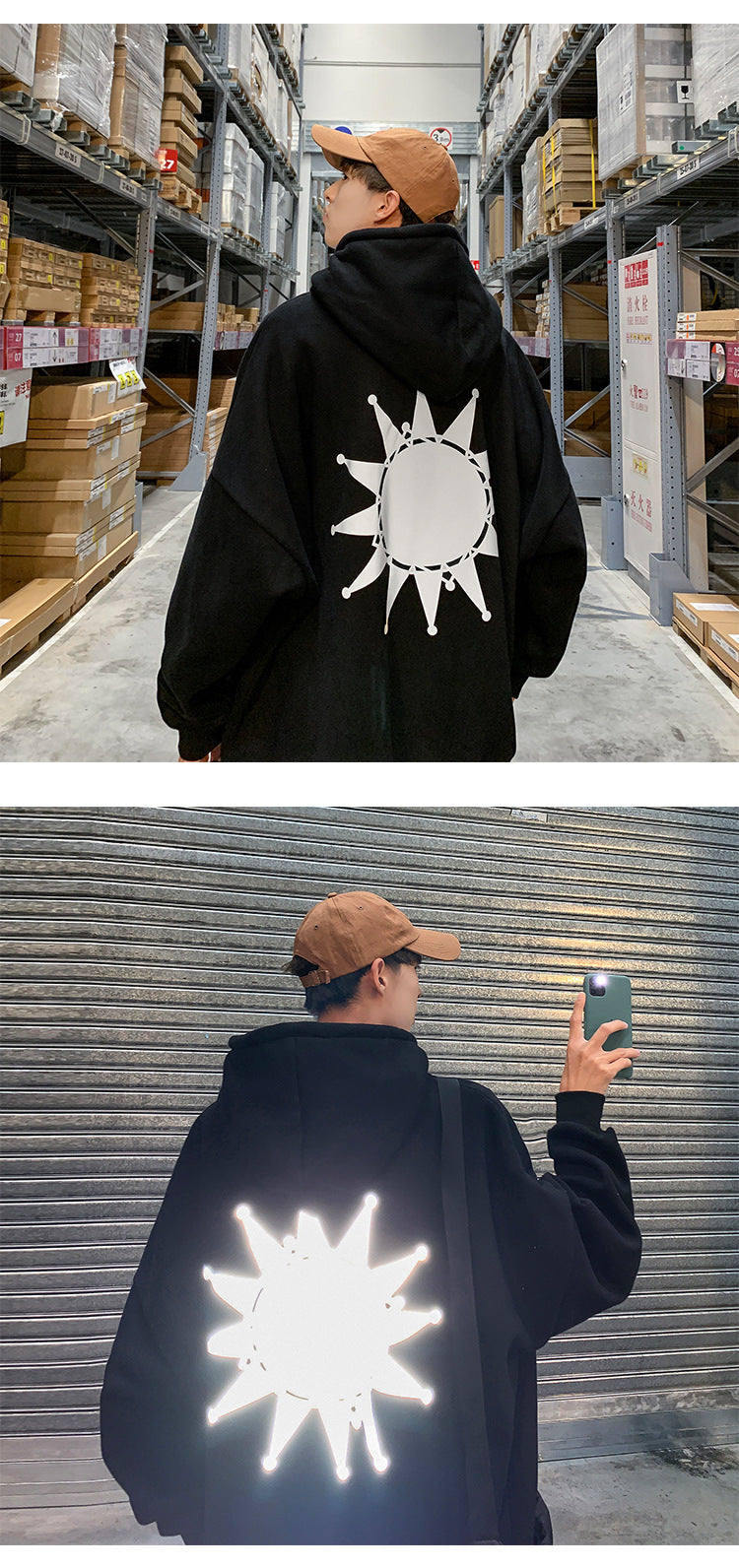 Moon Reflective print Hoodies Men's Sweatshirt Orange Autumn Winter Sweatshirts Men Streetwear Cool korean Loose Hoodies Male | Vimost Shop.