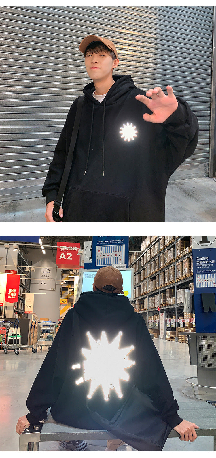 Moon Reflective print Hoodies Men's Sweatshirt Orange Autumn Winter Sweatshirts Men Streetwear Cool korean Loose Hoodies Male | Vimost Shop.