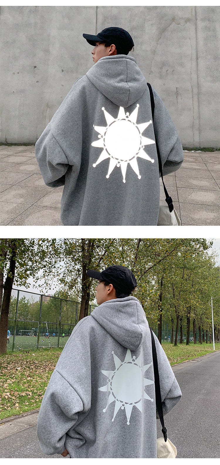 Moon Reflective print Hoodies Men's Sweatshirt Orange Autumn Winter Sweatshirts Men Streetwear Cool korean Loose Hoodies Male | Vimost Shop.