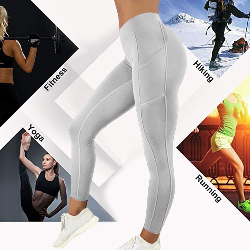 Women Leggings Running Fitness Yoga Pants With Pocket Solid Sports Gym Workout Athletic Elasticity Pants Tights Trousers | Vimost Shop.