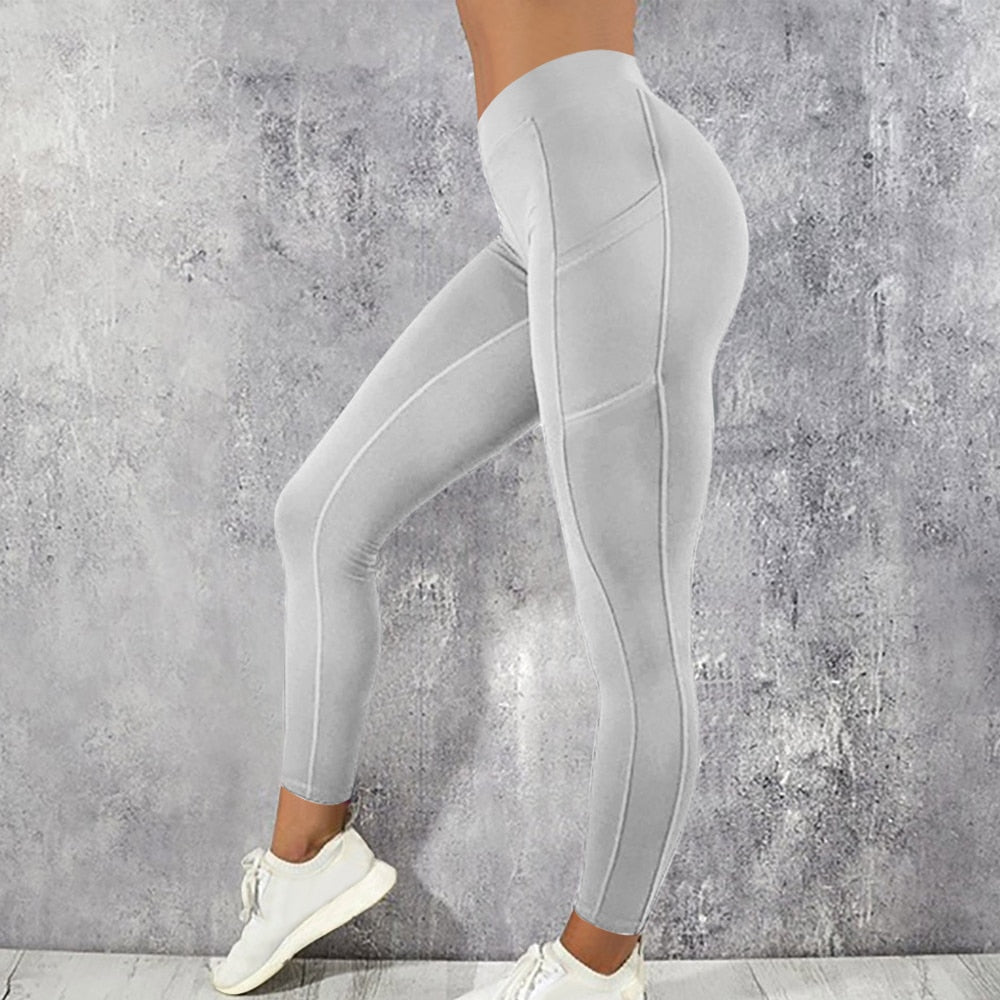 Women Leggings Running Fitness Yoga Pants With Pocket Solid Sports Gym Workout Athletic Elasticity Pants Tights Trousers | Vimost Shop.