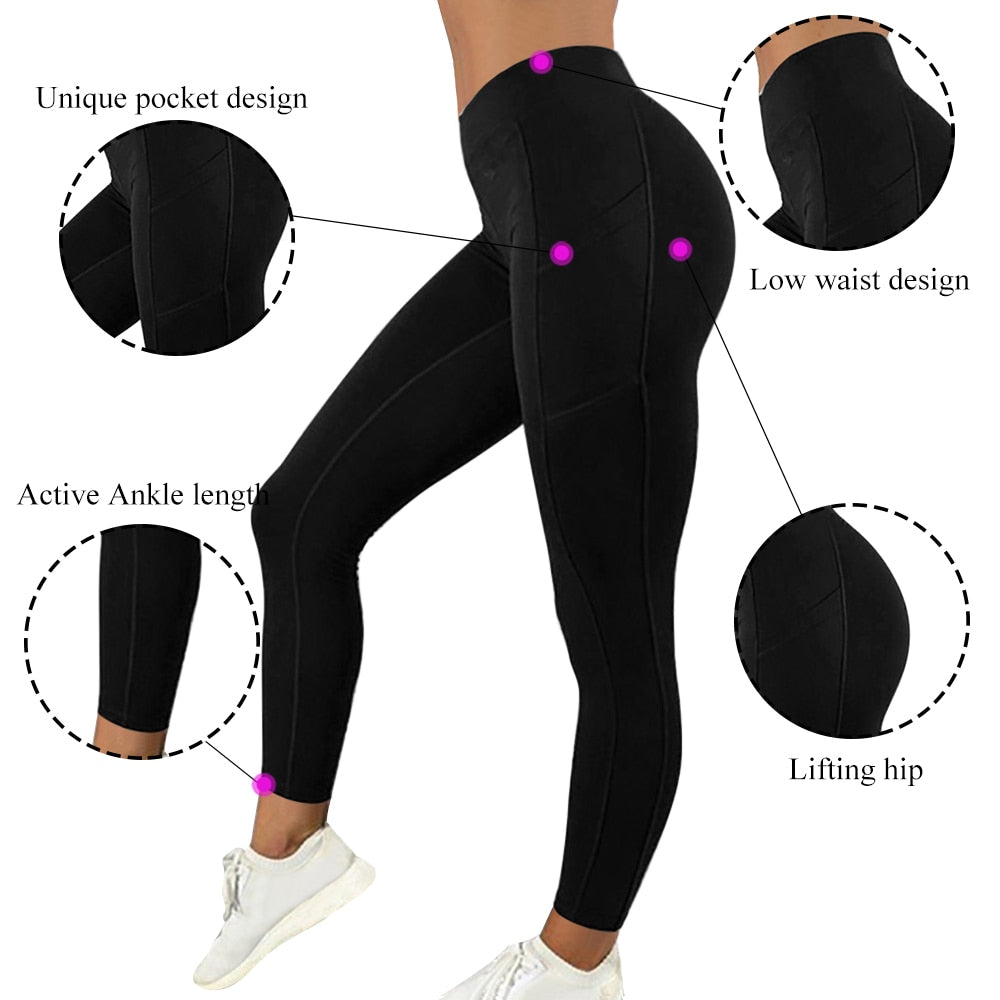 Women Leggings Running Fitness Yoga Pants With Pocket Solid Sports Gym Workout Athletic Elasticity Pants Tights Trousers | Vimost Shop.