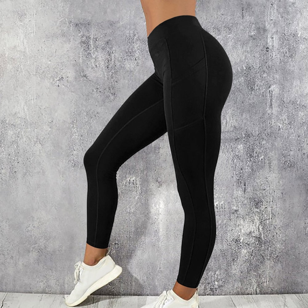 Women Leggings Running Fitness Yoga Pants With Pocket Solid Sports Gym Workout Athletic Elasticity Pants Tights Trousers | Vimost Shop.