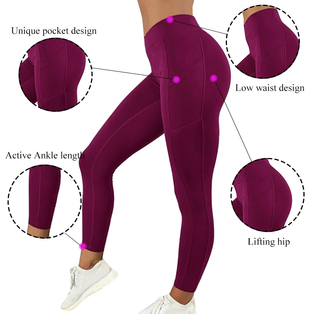 Women Leggings Running Fitness Yoga Pants With Pocket Solid Sports Gym Workout Athletic Elasticity Pants Tights Trousers | Vimost Shop.