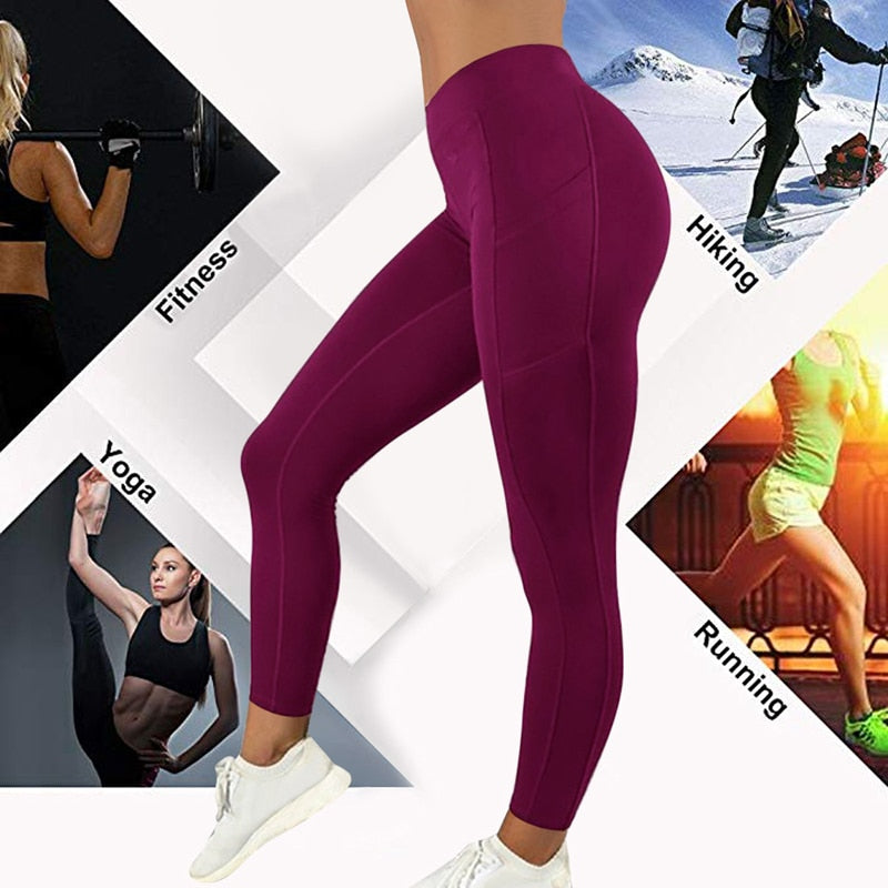 Women Leggings Running Fitness Yoga Pants With Pocket Solid Sports Gym Workout Athletic Elasticity Pants Tights Trousers | Vimost Shop.