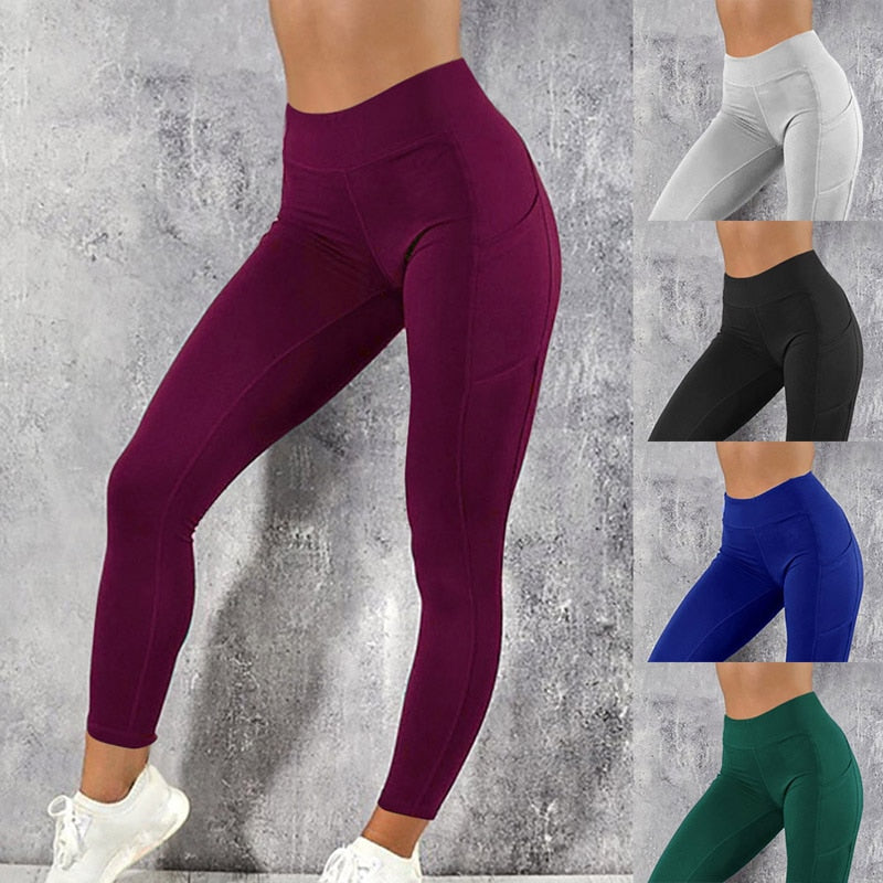 Women Leggings Running Fitness Yoga Pants With Pocket Solid Sports Gym Workout Athletic Elasticity Pants Tights Trousers | Vimost Shop.