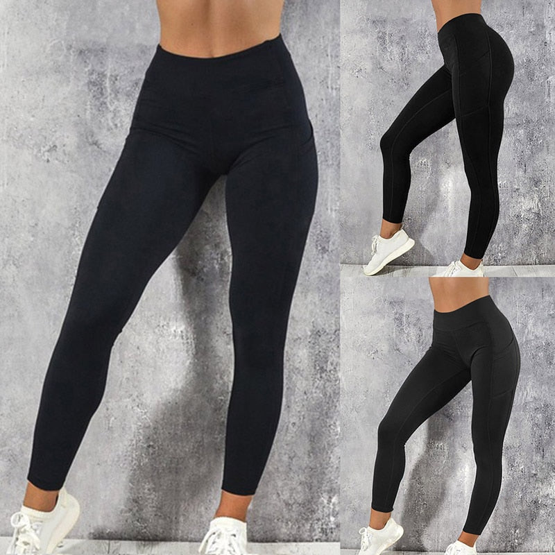 Women Leggings Running Fitness Yoga Pants With Pocket Solid Sports Gym Workout Athletic Elasticity Pants Tights Trousers | Vimost Shop.