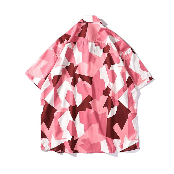 Mens Streetwear Geometry Short Sleeve Shirts Harajuku Hawaiian Pink Grey Shirt Hip Hop Casual Loose Shirt | Vimost Shop.