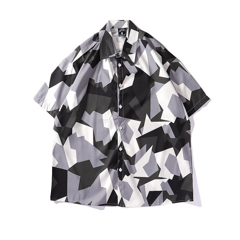 Mens Streetwear Geometry Short Sleeve Shirts Harajuku Hawaiian Pink Grey Shirt Hip Hop Casual Loose Shirt | Vimost Shop.