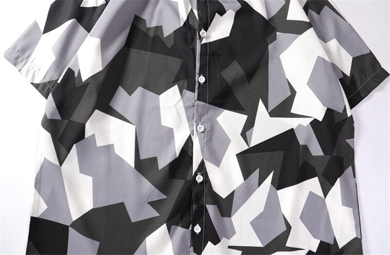 Mens Streetwear Geometry Short Sleeve Shirts Harajuku Hawaiian Pink Grey Shirt Hip Hop Casual Loose Shirt | Vimost Shop.