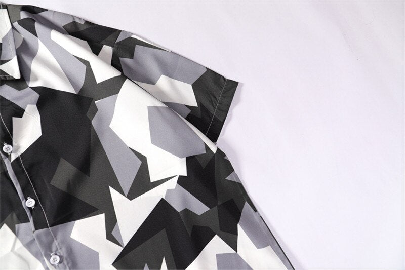 Mens Streetwear Geometry Short Sleeve Shirts Harajuku Hawaiian Pink Grey Shirt Hip Hop Casual Loose Shirt | Vimost Shop.