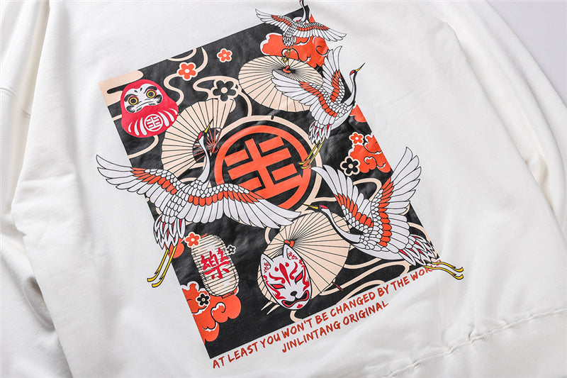 Japanese Style Crane Folding Fan Print Hooded Japan Ukiyo-e Sweatshirts Hoodies Harajuku Hip Hop Pullover Streetwear | Vimost Shop.