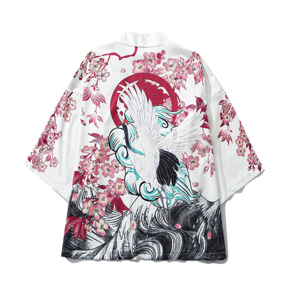Japanese Ukiyoe Cherry Blossom Crane Kimono Jackets Mens Harajuku Streetwear Japan Style Coat Summer Hip Hop Thin Robe | Vimost Shop.