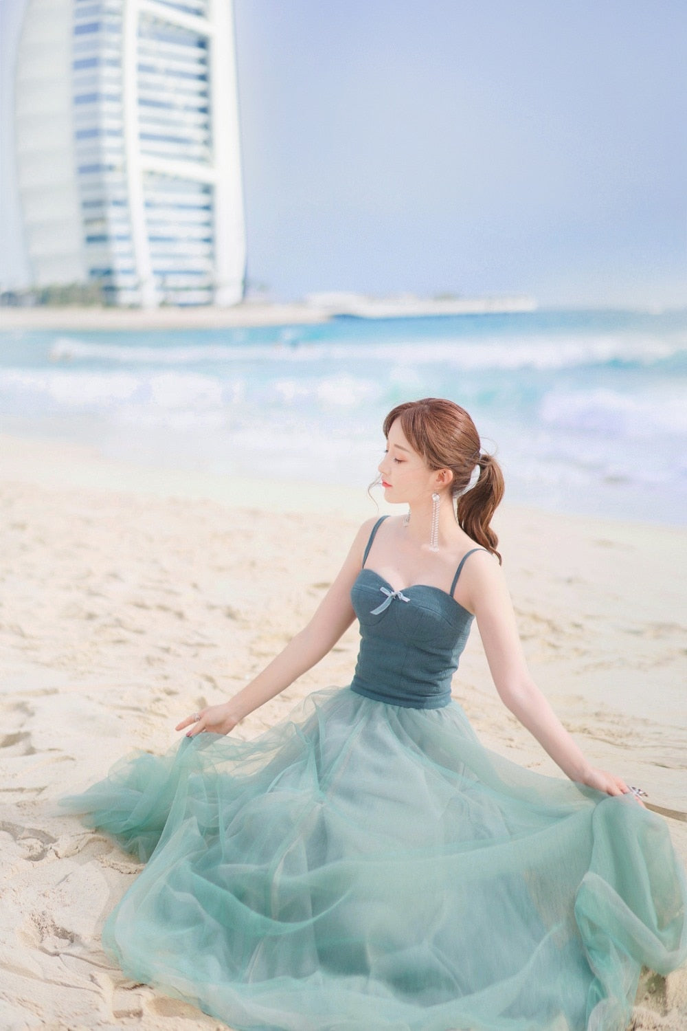 Spaghetti strap large swing Holiday Beach Long dress  Fairy  Sling Mesh Dress Female SummerSeaside High Waistdress | Vimost Shop.