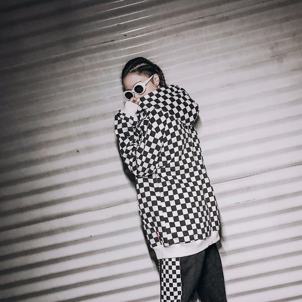 Mens Harajuku Hip Hop Zip Up Hoodie Sweatshirt Black White Checkerboard Plaid Hoodie Streetwear Fleece Hooded Hipster | Vimost Shop.