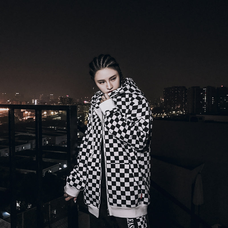 Mens Harajuku Hip Hop Zip Up Hoodie Sweatshirt Black White Checkerboard Plaid Hoodie Streetwear Fleece Hooded Hipster | Vimost Shop.