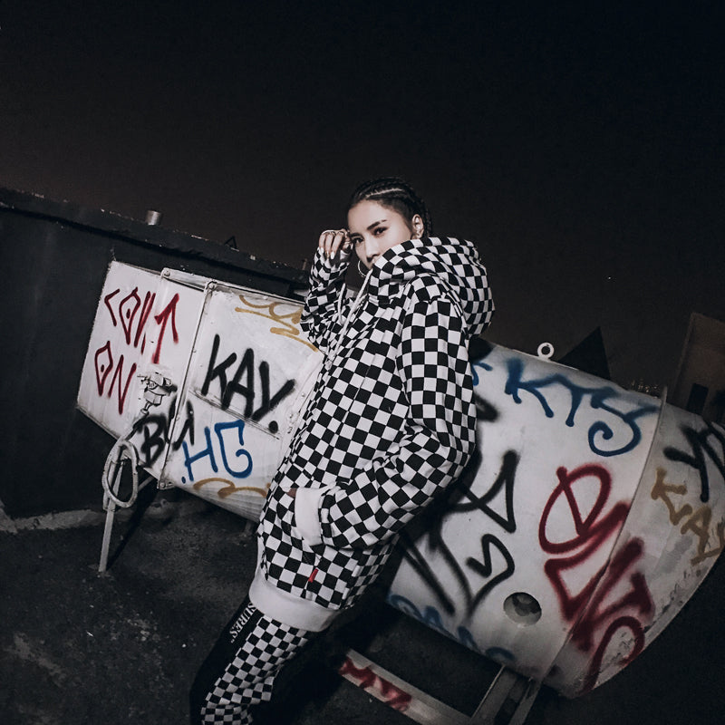 Mens Harajuku Hip Hop Zip Up Hoodie Sweatshirt Black White Checkerboard Plaid Hoodie Streetwear Fleece Hooded Hipster | Vimost Shop.