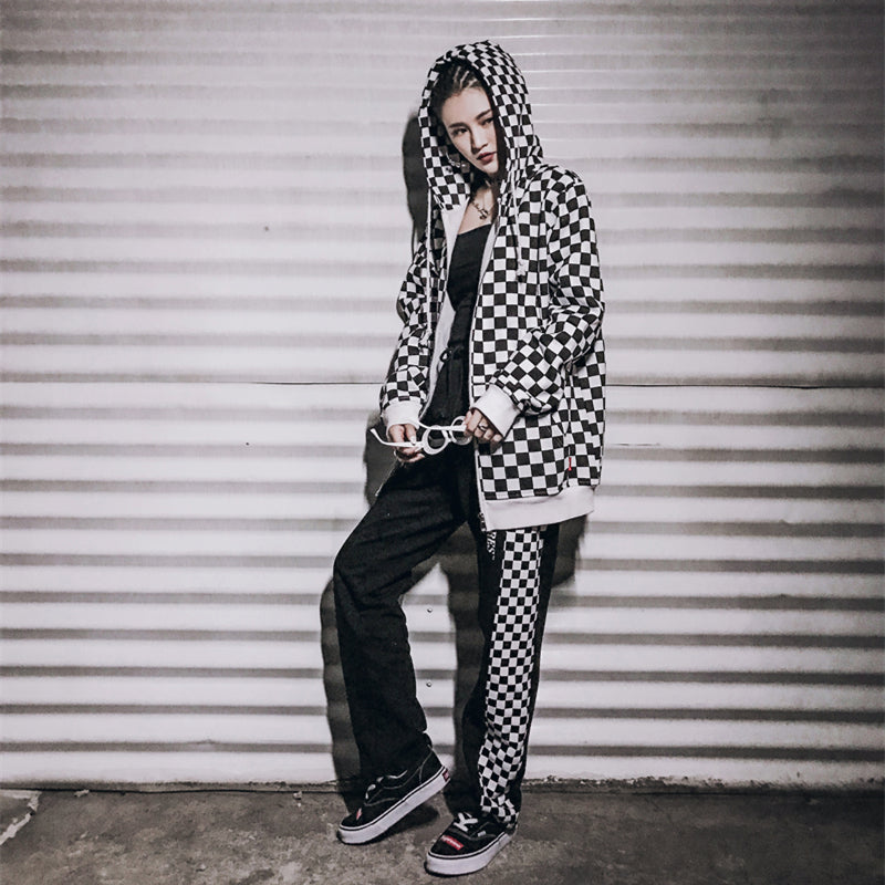 Mens Harajuku Hip Hop Zip Up Hoodie Sweatshirt Black White Checkerboard Plaid Hoodie Streetwear Fleece Hooded Hipster | Vimost Shop.