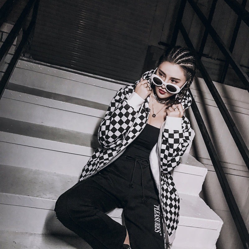 Mens Harajuku Hip Hop Zip Up Hoodie Sweatshirt Black White Checkerboard Plaid Hoodie Streetwear Fleece Hooded Hipster | Vimost Shop.