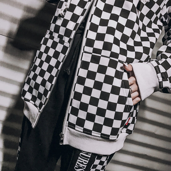 Mens Harajuku Hip Hop Zip Up Hoodie Sweatshirt Black White Checkerboard Plaid Hoodie Streetwear Fleece Hooded Hipster | Vimost Shop.