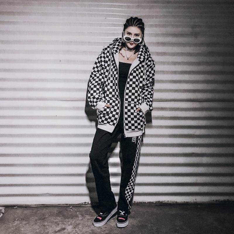 Mens Harajuku Hip Hop Zip Up Hoodie Sweatshirt Black White Checkerboard Plaid Hoodie Streetwear Fleece Hooded Hipster | Vimost Shop.