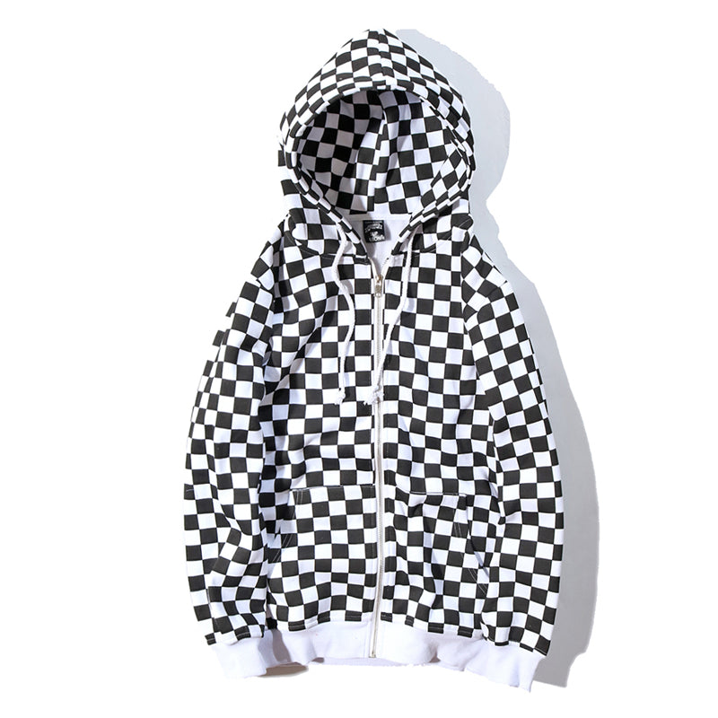 Mens Harajuku Hip Hop Zip Up Hoodie Sweatshirt Black White Checkerboard Plaid Hoodie Streetwear Fleece Hooded Hipster | Vimost Shop.