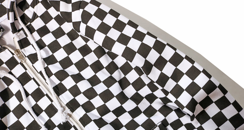 Mens Harajuku Hip Hop Zip Up Hoodie Sweatshirt Black White Checkerboard Plaid Hoodie Streetwear Fleece Hooded Hipster | Vimost Shop.