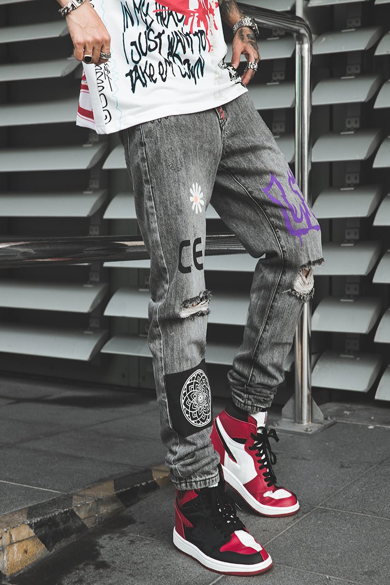 Hip Hop Men Jogger Denim Pants Skinny Washed Distressed Jeans Graffiti Print Streetwear Destroyed Ripped Jeans | Vimost Shop.