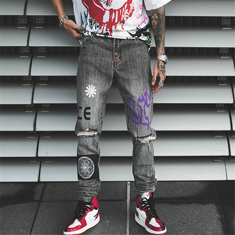 Hip Hop Men Jogger Denim Pants Skinny Washed Distressed Jeans Graffiti Print Streetwear Destroyed Ripped Jeans | Vimost Shop.