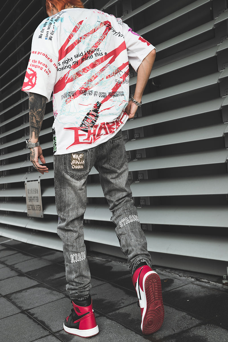 Hip Hop Men Jogger Denim Pants Skinny Washed Distressed Jeans Graffiti Print Streetwear Destroyed Ripped Jeans | Vimost Shop.