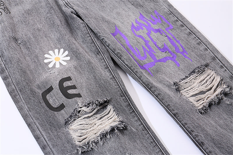 Hip Hop Men Jogger Denim Pants Skinny Washed Distressed Jeans Graffiti Print Streetwear Destroyed Ripped Jeans | Vimost Shop.