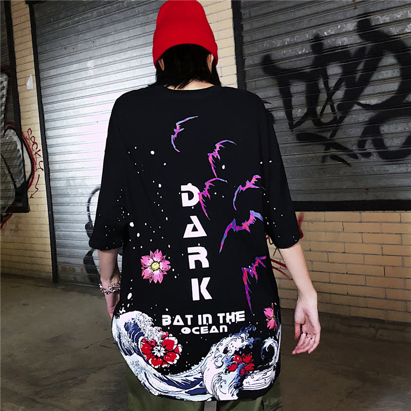 Men Streetwear Japanese Sakura Waves Tshirt Short Sleeve Cotton Harajuku T-Shirt Oversize Japan Tees | Vimost Shop.