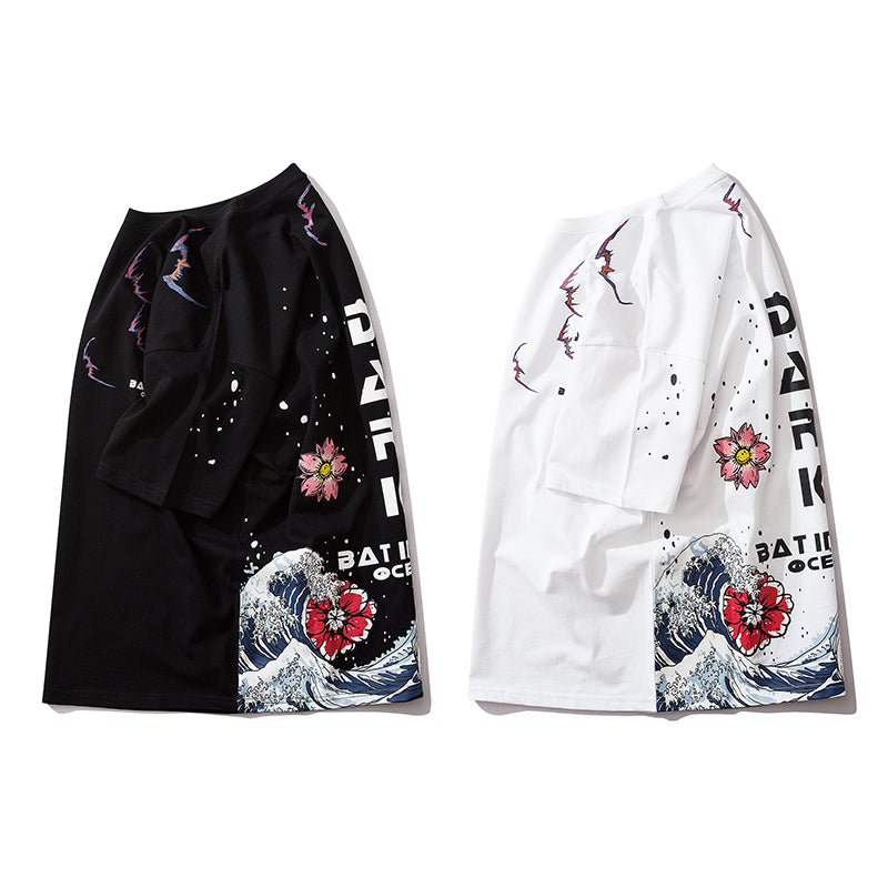 Men Streetwear Japanese Sakura Waves Tshirt Short Sleeve Cotton Harajuku T-Shirt Oversize Japan Tees | Vimost Shop.