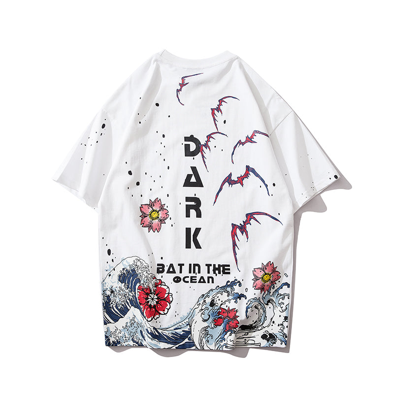 Men Streetwear Japanese Sakura Waves Tshirt Short Sleeve Cotton Harajuku T-Shirt Oversize Japan Tees | Vimost Shop.