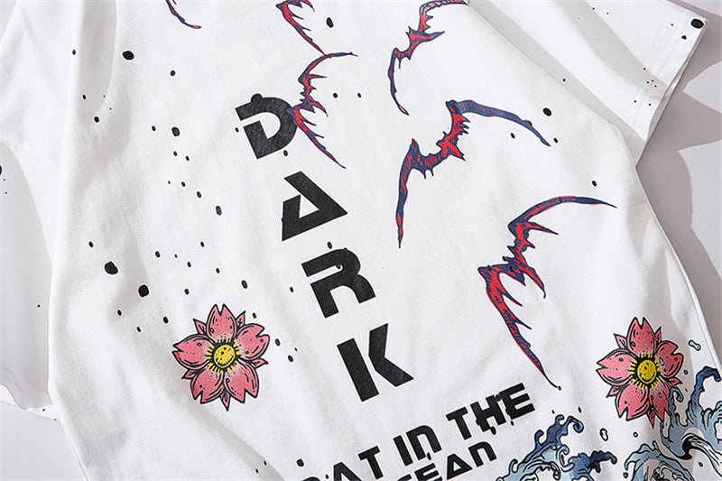 Men Streetwear Japanese Sakura Waves Tshirt Short Sleeve Cotton Harajuku T-Shirt Oversize Japan Tees | Vimost Shop.