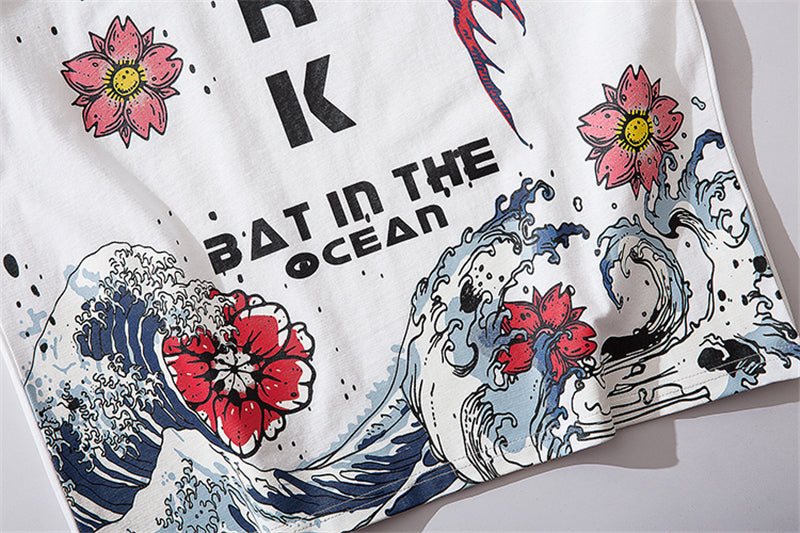 Men Streetwear Japanese Sakura Waves Tshirt Short Sleeve Cotton Harajuku T-Shirt Oversize Japan Tees | Vimost Shop.