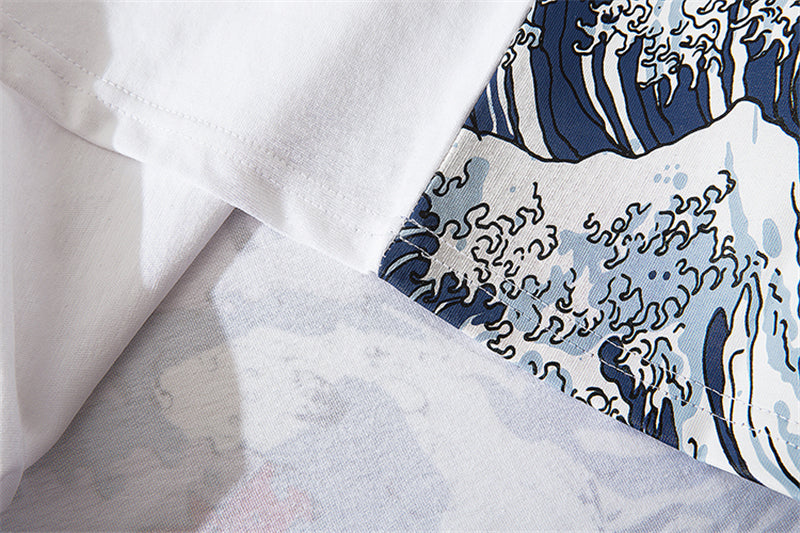 Men Streetwear Japanese Sakura Waves Tshirt Short Sleeve Cotton Harajuku T-Shirt Oversize Japan Tees | Vimost Shop.