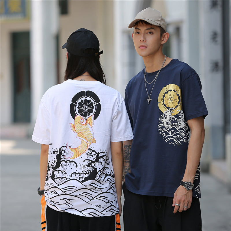 Harajuku Japanese Style Tshirt Hip Hop Street T Shirt Carp Waves Print T-shirt Summer Men Cotton Short Sleeved Tees | Vimost Shop.
