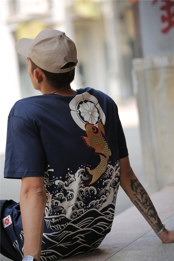 Harajuku Japanese Style Tshirt Hip Hop Street T Shirt Carp Waves Print T-shirt Summer Men Cotton Short Sleeved Tees | Vimost Shop.