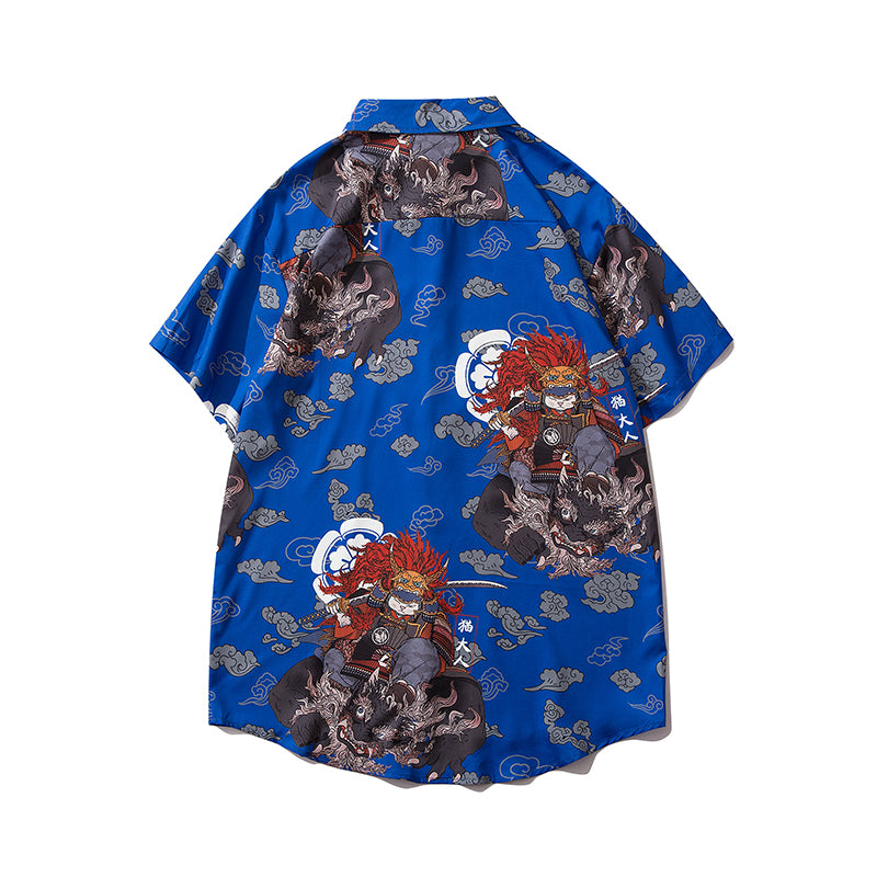 Japanese Style Cat Samuri Shirt  Men Hip Hop Streetwear Harajuku Shirt Summer Short Sleeve Korean Shirt Tops | Vimost Shop.